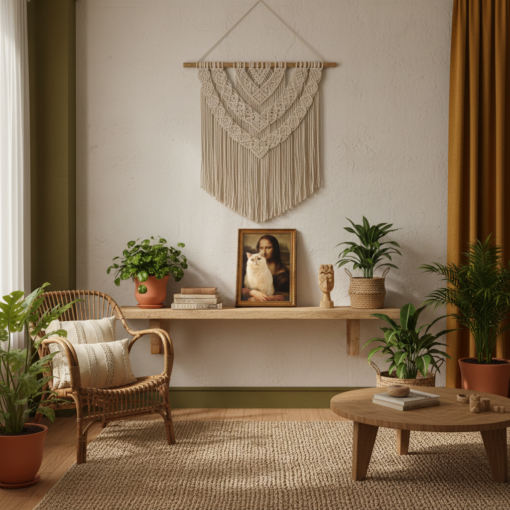 Mona Lisa cat bed on shelf in bohemian interior