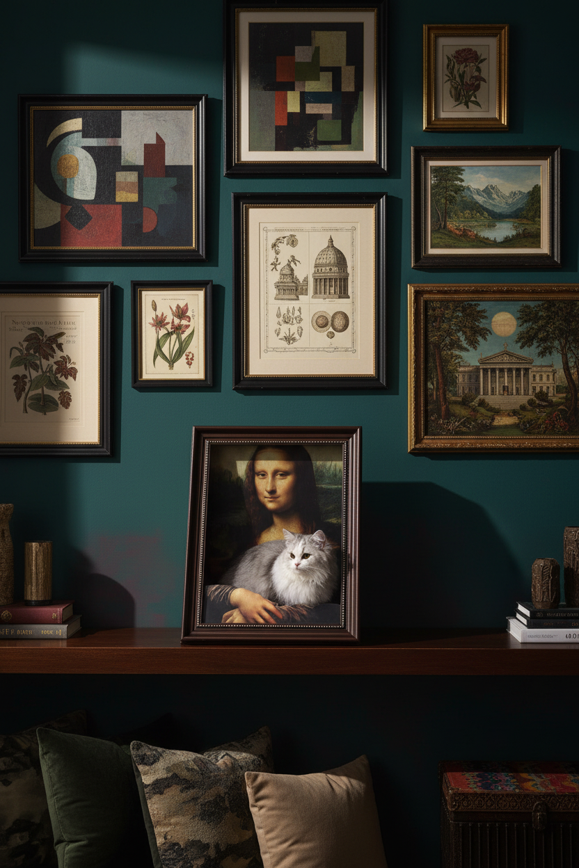 Mona Lisa cat bed with dark brown frame, cat inside, botanical art