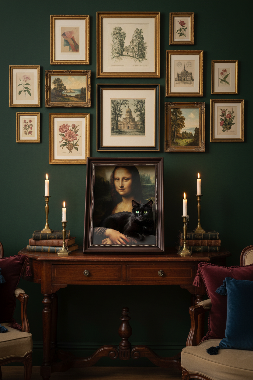 Mona Lisa cat bed with different cat in elegant dark interior